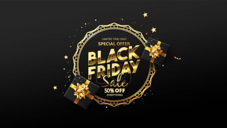 Illustration for Black Friday Gold Font and Black Gift Box, Discount Sale Promotion Background. Vector Design. - Royalty Free Image
