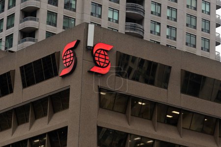 Photo for Toronto, ON, Canada  December 17, 2022: The logo and brand sign of Scotiabank in downtown Toronto.  The Bank of Nova Scotia (Scotiabank) is a Canadian multinational banking and financial services company. - Royalty Free Image