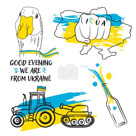 Illustration for Ukrainian fortitude character set tractor troops biological weapons molotov cocktail - Royalty Free Image