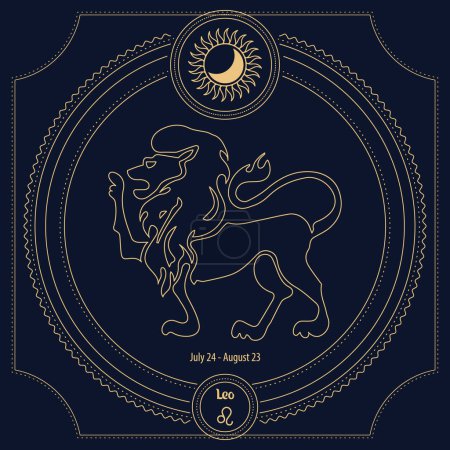 Illustration for Leo Zodiac sign, astrological sign of the horoscope in an ornamental mystical frame. Golden blue design, vector - Royalty Free Image