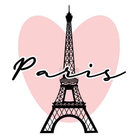 Téléchargez les illustrations : Silhouette de la Tour Eiffel et l'inscription Paris sur le fond du cœur. Affiche rétro, illustration, vecteur - en licence libre de droit