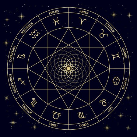 Téléchargez les illustrations : Signes astrologiques du zodiaque dans un cercle mystique sur fond cosmique. Design or et noir. Illustration horoscopique, vecteur - en licence libre de droit