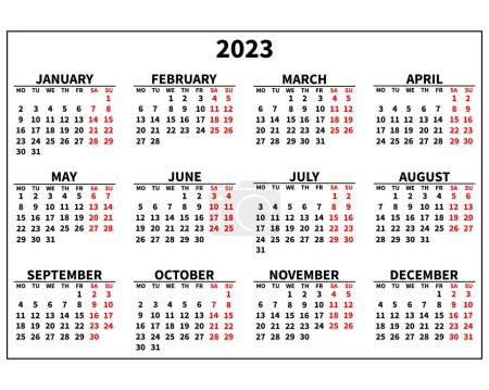 Ilustración de Calendario 2023, planificación. Diseño clásico negro y rojo. Impresión, ilustración, vector - Imagen libre de derechos