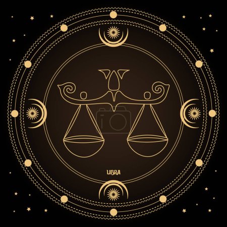 Libra zodiac sign, astrological horoscope sign in a mystical circle with moon, sun and stars. Golden design, vector