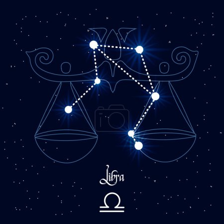 Libra, constellation and zodiac sign on the background of the cosmic universe. Blue and white design. Illustration, vector