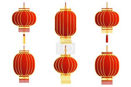Ensemble de lanternes chinoises rouges colorées avec garniture en or. Eléments de décoration, vecteur