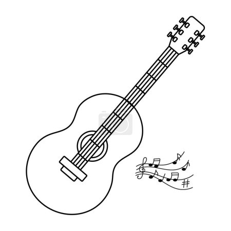 Classical guitar and notes, musical instrument, line art. Sketch, icon, vector