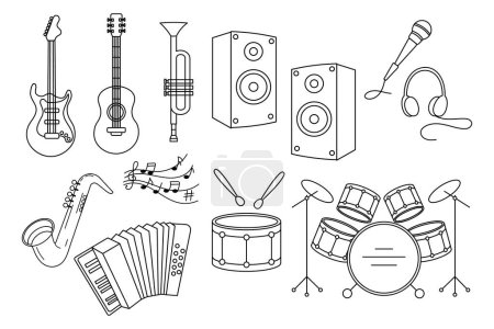 Illustration for Concert musical instruments, set. Guitars, drums, saxophone, trumpet, microphone, accordion and speakers, line art. Sketch, icons, vector - Royalty Free Image