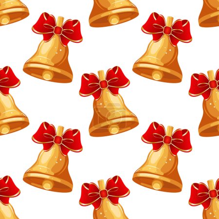 Ilustración de Patrón sin costuras, coloridas campanas doradas de Navidad con lazo rojo. Imprimir, fondo, textil, vector - Imagen libre de derechos