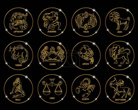 Illustration for Zodiac signs in golden shiny circles, set. Golden design on a black background. Icons, vector - Royalty Free Image
