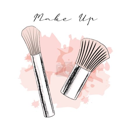 Cosmetic brushes painted with grunge and watercolor brushes in trendy pastel colors. Illustration, vector