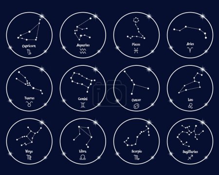 Ilustración de Constelaciones de signos del zodiaco en círculos blancos brillantes, conjunto. Esquema blanco sobre fondo azul. Iconos, vector - Imagen libre de derechos