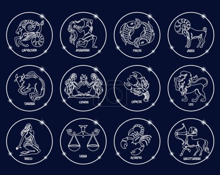 Illustration for Set of zodiac signs in white shiny circles. White outline on a blue background. Icons, vector - Royalty Free Image