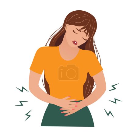 Mujer joven con dolor abdominal agudo. El concepto de salud y medicina. Ilustración, vector