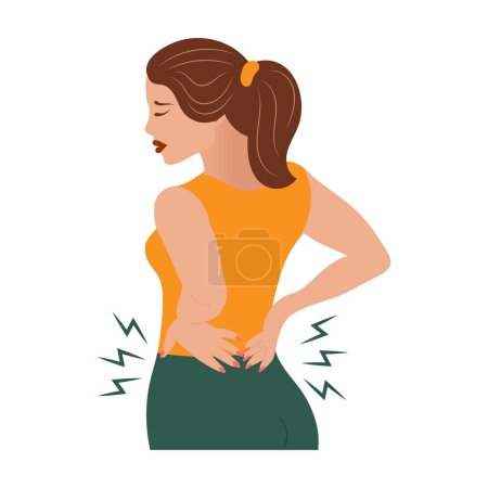 Sad young woman with back pain. The concept of health and medicine. Illustration, vector