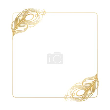 Ilustración de Delicado marco dorado con plumas de pavo real sobre un fondo claro. Invitación de boda, tarjeta, vector - Imagen libre de derechos