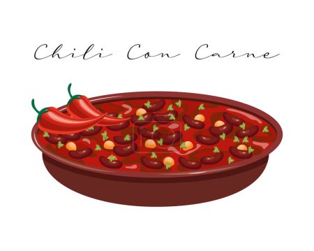 Illustration for Chili with meat, chili con carne, latin american cuisine. National cuisine of Mexico. Food illustration, vector - Royalty Free Image