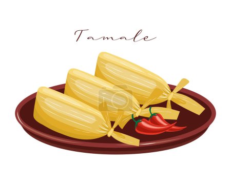 Téléchargez les illustrations : Tamale, pâte avec viande dans les feuilles de maïs, cuisine latino-américaine. Cuisine nationale du Mexique. Illustration alimentaire, vecteur - en licence libre de droit