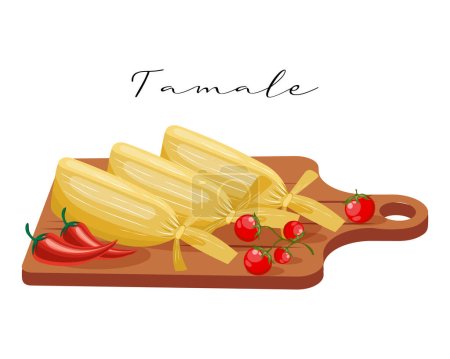 Tamale, Teig mit Fleisch in Maisblättern mit Chili auf einem Holzbrett, lateinamerikanische Küche. Mexikos Nationalküche. Illustration von Lebensmitteln, Vektor