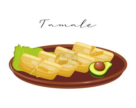 Illustration for Tamale, dough with meat in corn leaves on a clay plate, Latin American cuisine. National cuisine of Mexico. Food illustration, vector - Royalty Free Image