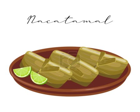Meat with vegetables in banana leaves, Nacatamal, Latin American cuisine. National cuisine of Nicaragua. Food illustration, vector