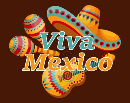 Illustration for Mexican poster Viva Mexico, sambrero, guitar and maracas. Illustration, banner, vector - Royalty Free Image
