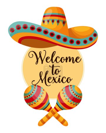 Illustration for Mexican poster Welcome to Mexico, sombrero and maracas. Illustration, banner, vector - Royalty Free Image