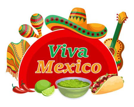 Téléchargez les illustrations : Viva Mexico bannière colorée avec des symboles du Mexique, tacos, ponchos, guitare, sombrero et maracas. Illustration, affiche, vecteur - en licence libre de droit