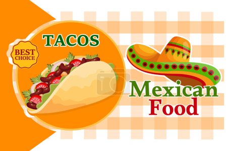Illustration for Mexican food banner, Taco. Latin American cuisine. Poster, vector - Royalty Free Image