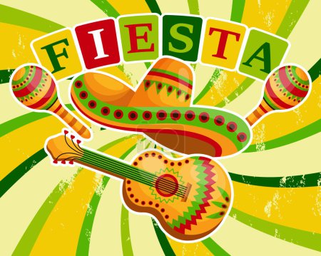 Bannière colorée Cinco de Mayo avec symboles mexicains, tacos, guitare, sombrero et maracas. Illustration, affiche, vecteur