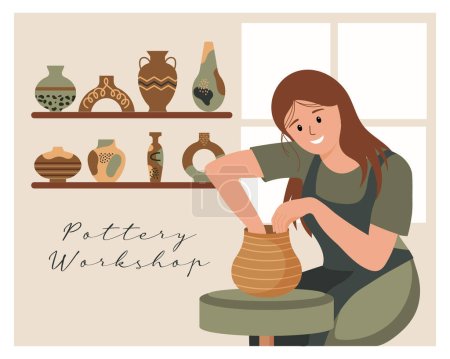 Une femme avec une roue de potier et un ensemble de poterie vintage avec des ornements. Illustration plate, clip art, vecteur