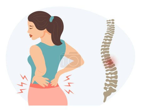 Mujer joven triste con síntomas de dolor en la parte baja de la espalda y la columna vertebral. El concepto de salud y medicina. Ilustración, vector
