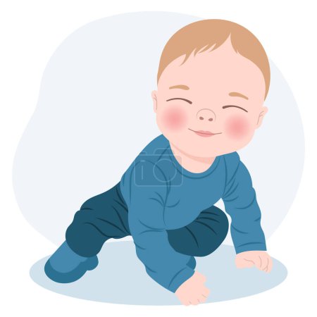 Netter, fröhlicher Junge in blauer Kleidung, neugeborener Junge. Kinderkarte, Druck, Illustration, Vektor