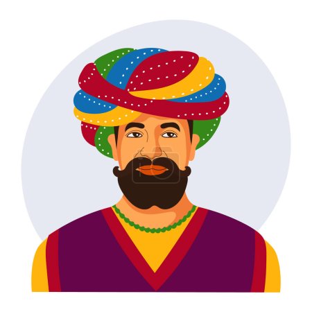 Retrato colorido de un hombre indio con turbante. Ilustración, póster, vector