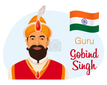 Illustration for Guru Gobind Singh is the last Sikh guru and the flag of India, the hero of India. Illustration, vector - Royalty Free Image