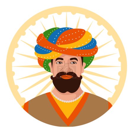 Téléchargez les illustrations : Portrait coloré d'un Indien dans un turban sur fond de symbole de l'Inde. Illustration, affiche, vecteur - en licence libre de droit
