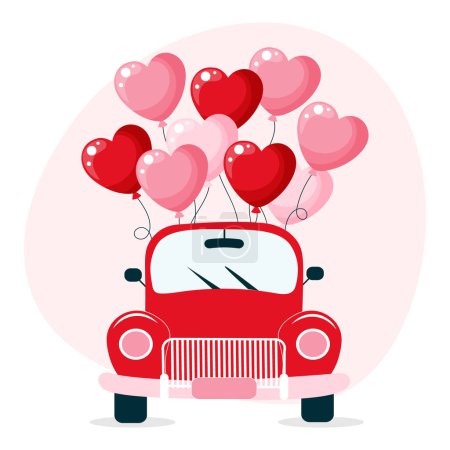Illustration for Red car with heart balloons, postcard for Valentine's Day, wedding. Illustration, vector - Royalty Free Image