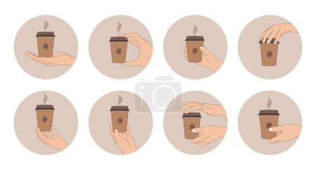Coffee icons set, hand gestures with a glass of coffee. Design elements, icons, templates, vector