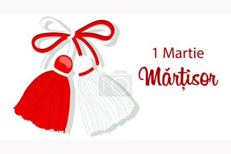 Téléchargez les illustrations : Martisor, red-white holiday symbol of the beginning of spring, Bulgarian, Moldavian and Romanian holiday. Holiday card, banner, vector - en licence libre de droit
