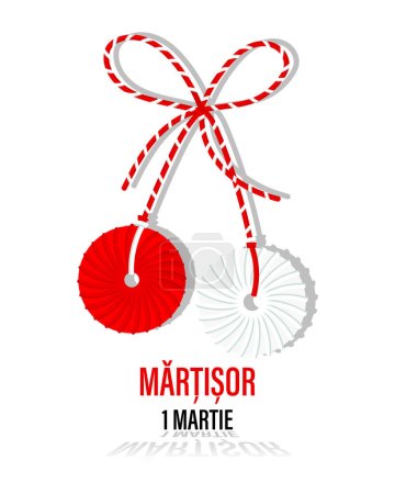 Martisor, red and white symbol of spring. Traditional spring holiday in Romania and Moldova. March 1.Holiday card, banner, vector.