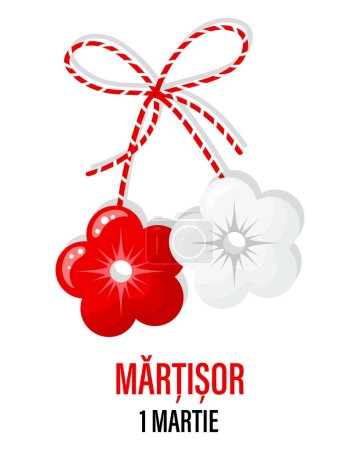 Ilustración de Martisor, red and white symbol of spring. Traditional spring holiday in Romania and Moldova. March 1. Holiday card, banner, vector. - Imagen libre de derechos