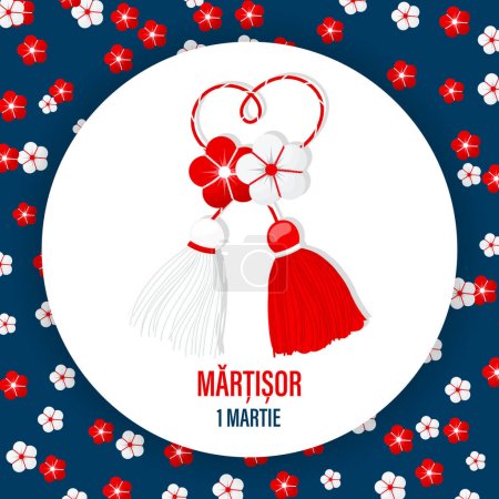 Martisor, red and white symbol of spring. Traditional spring holiday in Romania and Moldova. March 1. Holiday card, banner, vector.