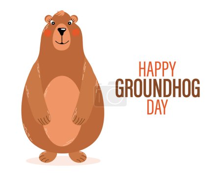 Happy groundhog day, funny groundhog character. Congratulation banner, postcard, poster, vector