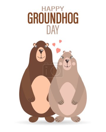Illustration for Happy groundhog day, pair of groundhogs in love with hearts. Congratulatory banner, card, poster, vector - Royalty Free Image