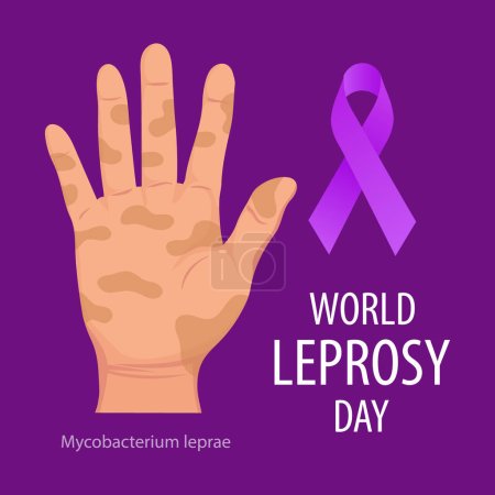 Illustration for World Leprosy Day. Banner with sick hand and a purple ribbon, a symbol of the fight against leprosy. Medicine concept. Poster, vector - Royalty Free Image