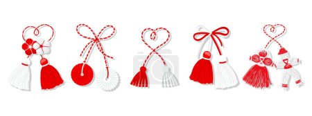 Martisor set, red and white symbol of spring. Traditional spring holiday in Romania and Moldova. Symbols, talismans, icons, vector
