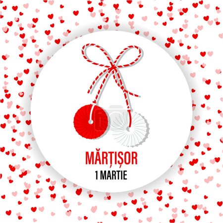Martisor, red and white symbol of spring on the background of hearts. Traditional spring holiday in Romania and Moldova. Holiday card, banner, vector.