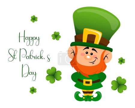 Ilustración de St. Patrick's Day, cute leprechaun with shamrock leaves and greeting text. Illustration, postcard, banner, vector - Imagen libre de derechos