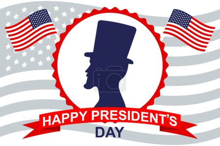 Téléchargez les illustrations : USA President's Day banner. Silhouette of Lincoln in profile, congratulatory text and US flags. Poster, vector - en licence libre de droit