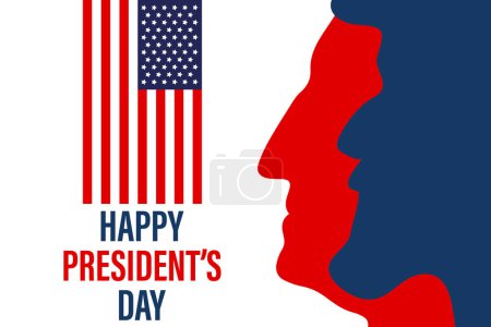 Téléchargez les illustrations : USA President's Day banner. Silhouettes of Lincoln and Washington in profile, congratulatory text and the US flag. Poster, vector - en licence libre de droit